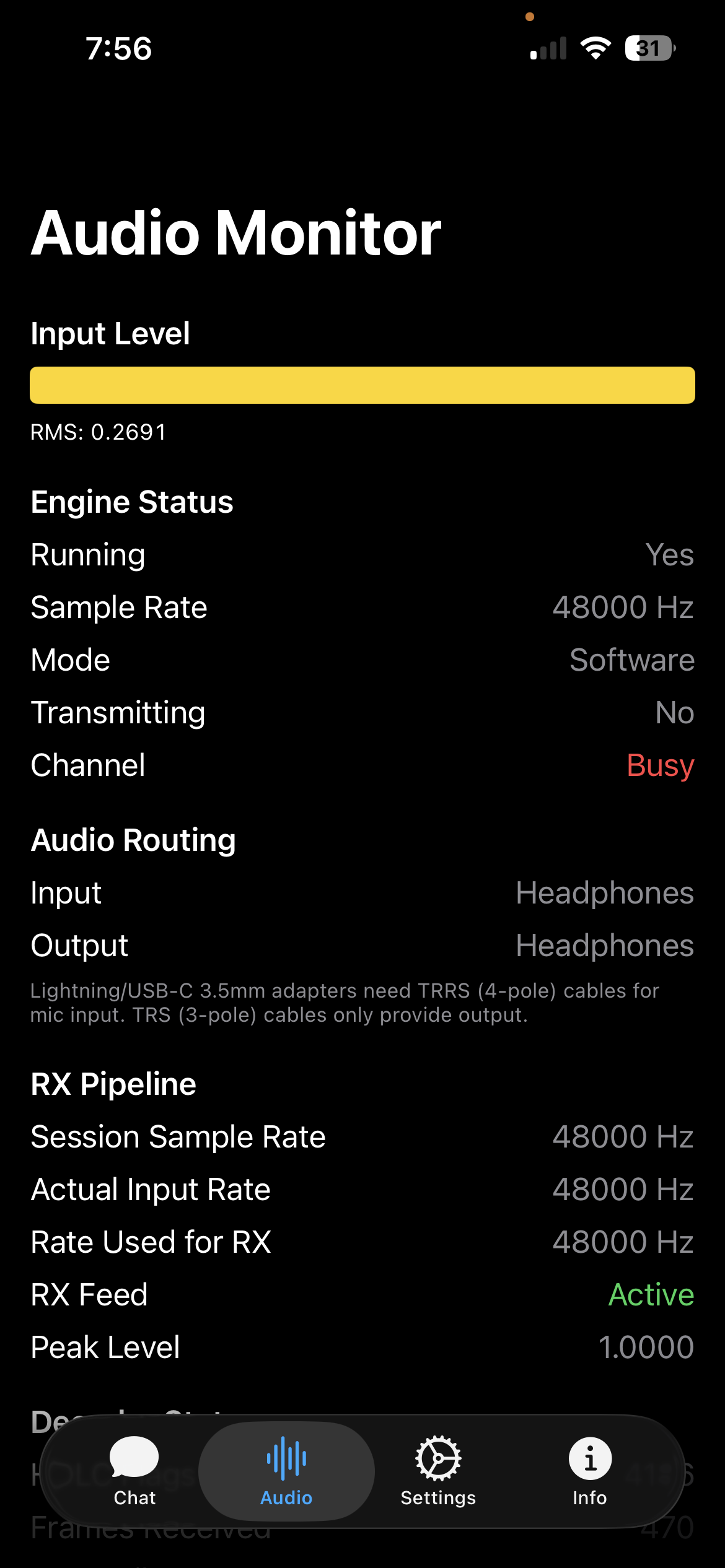 PacketMessage audio monitor showing channel activity
